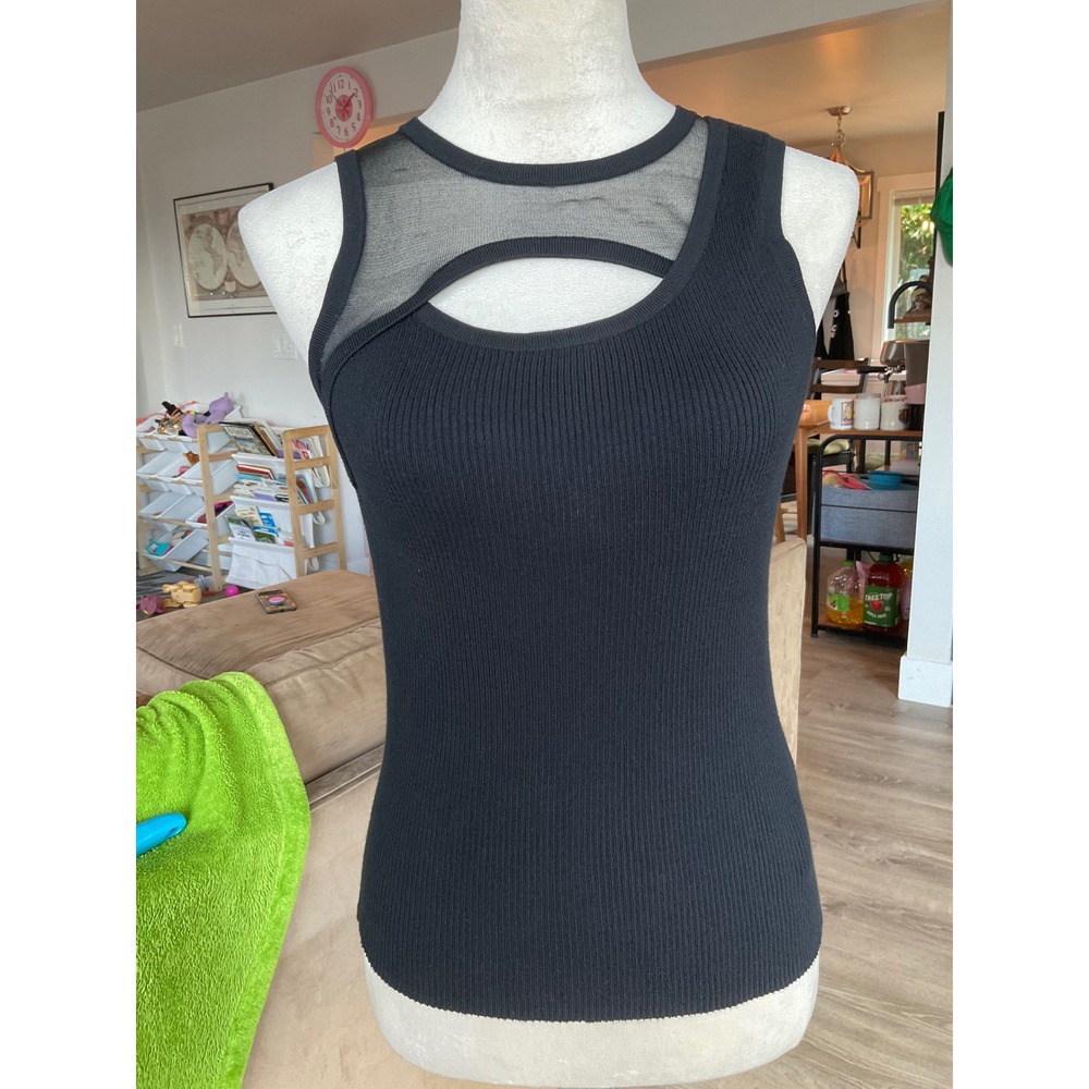 DKNY Black Ribbed Knit Cutout Mesh Panel Tank Top Small NWT Layering